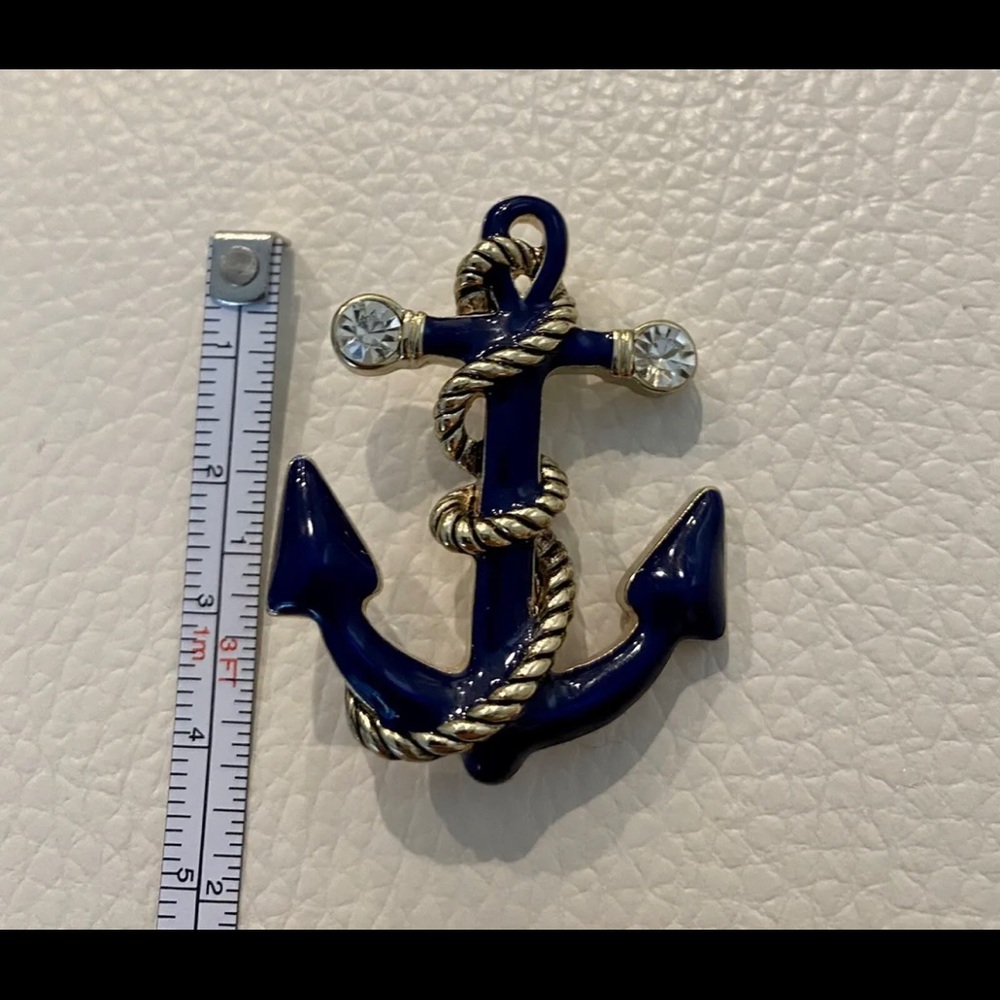 Napier Brooch BOAT ANCHOR Gold Tone Setting Navy Enamel Rhinestones PIN 1.5” H - Picture 2 of 8